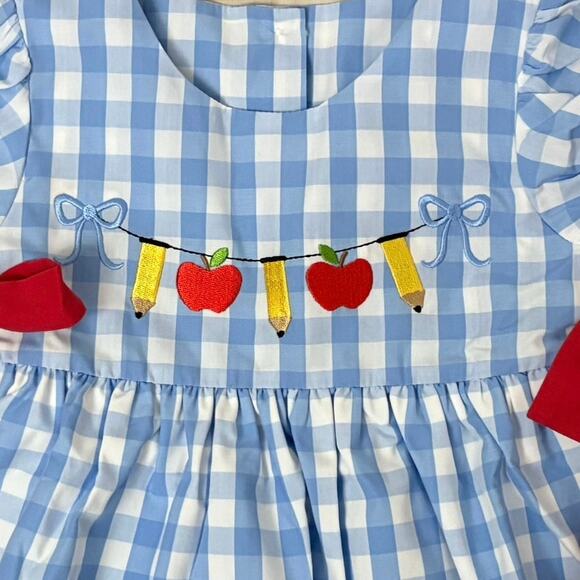 Stitchy Fish Baby Girl 12M Blue Gingham Dress Embroidered Apples Pencils School - Picture 3 of 6